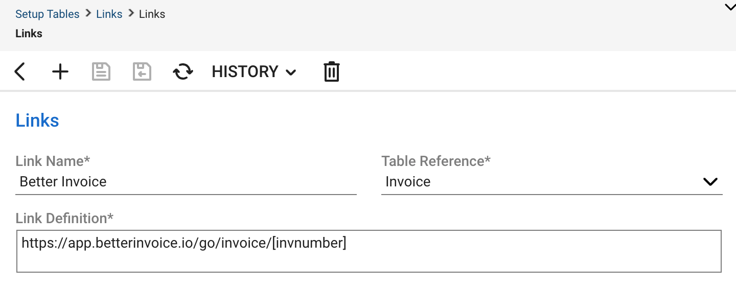 Links setup in ConnectWise Manage showing the Link Name, Table Reference, and Link Definition fields configured for Better Invoice