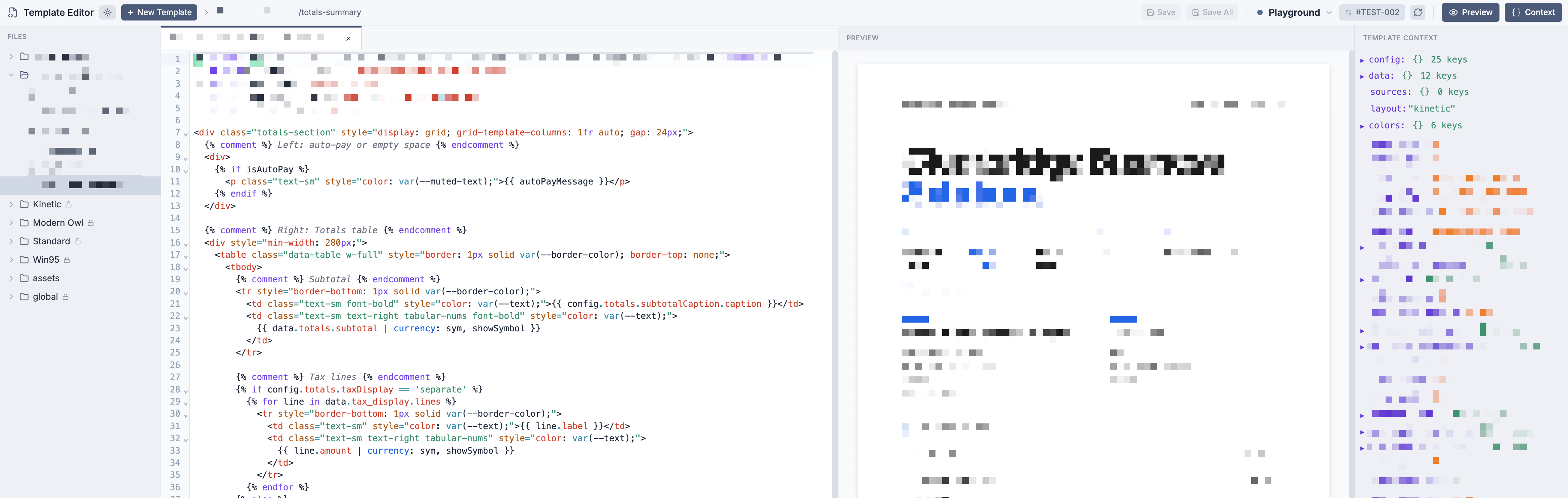 Better Invoice template editor showing the code editor, live invoice preview, and template context pane side by side