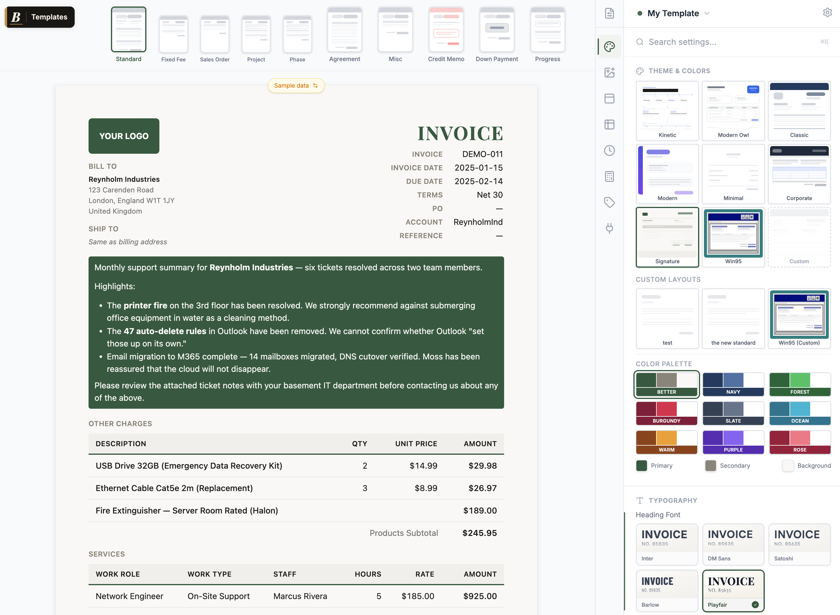 Better Invoice editor — customizing a ConnectWise Manage invoice template with live preview, theme picker, and color palette