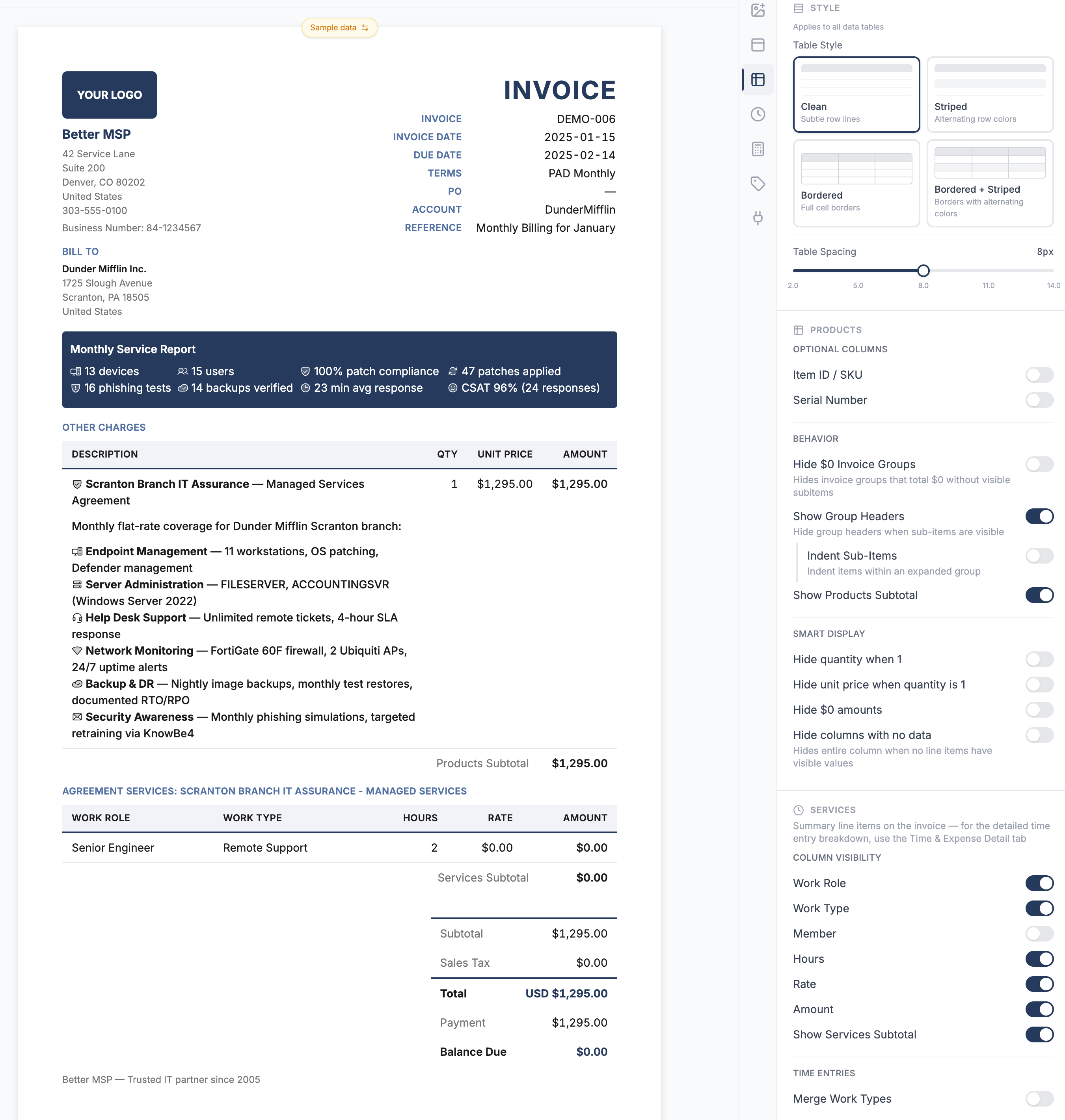 Better Invoice ConnectWise invoice template customization options — table style, products visibility, smart display, and column toggles