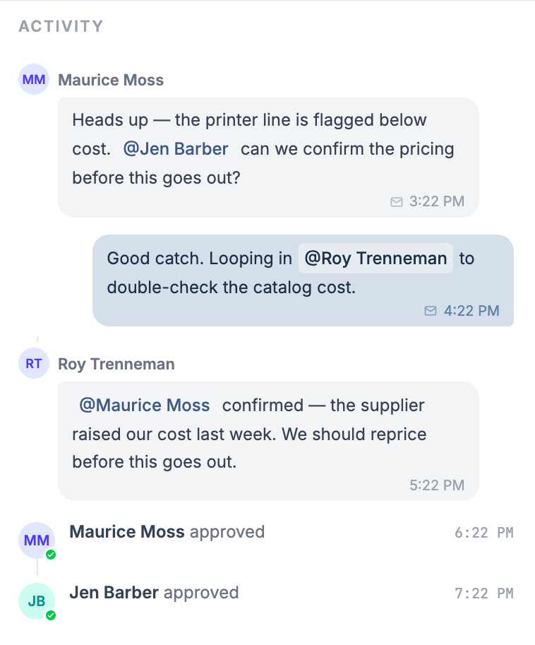 Better Invoice activity timeline showing approvals, comments, and ConnectWise audit events in one invoice audit trail