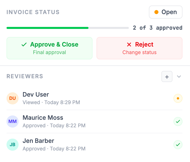 Better Invoice reviewer list with approval status and action buttons