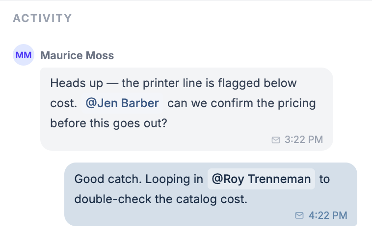 Better Invoice review detail showing a comment thread with @-mentions and reviewer avatars