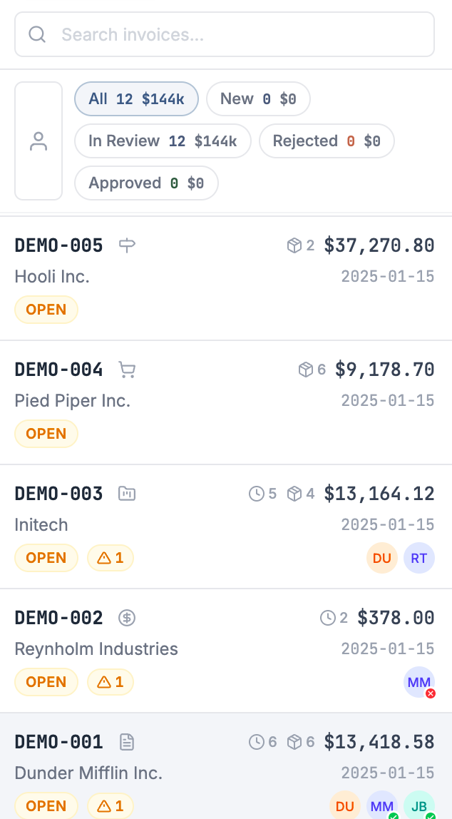 Better Invoice review inbox showing flagged ConnectWise invoices in a list view